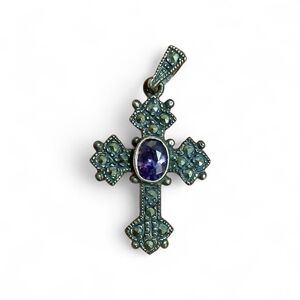 Vintage Sterling Silver Marcasite Amethyst Cross Pendent Gothic Art Deco Style